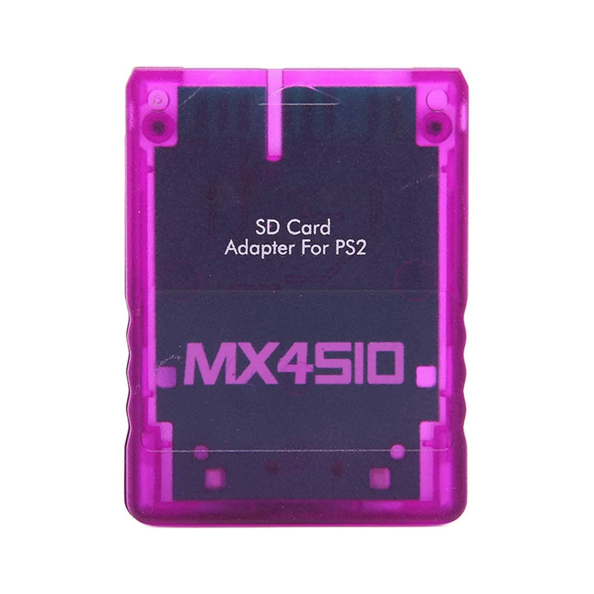 Purple translucent SD card adapter for PS2 with MX4SIO logo and label window.
