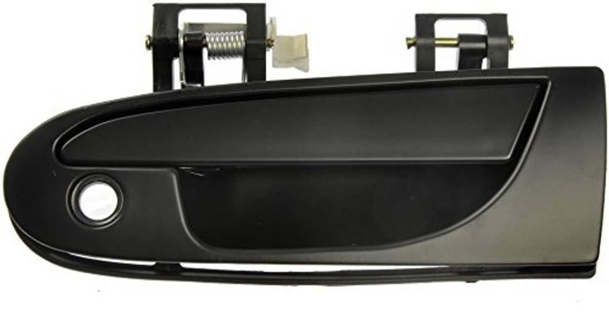 Front exterior door handle, dark smooth finish with pull recess and lock opening