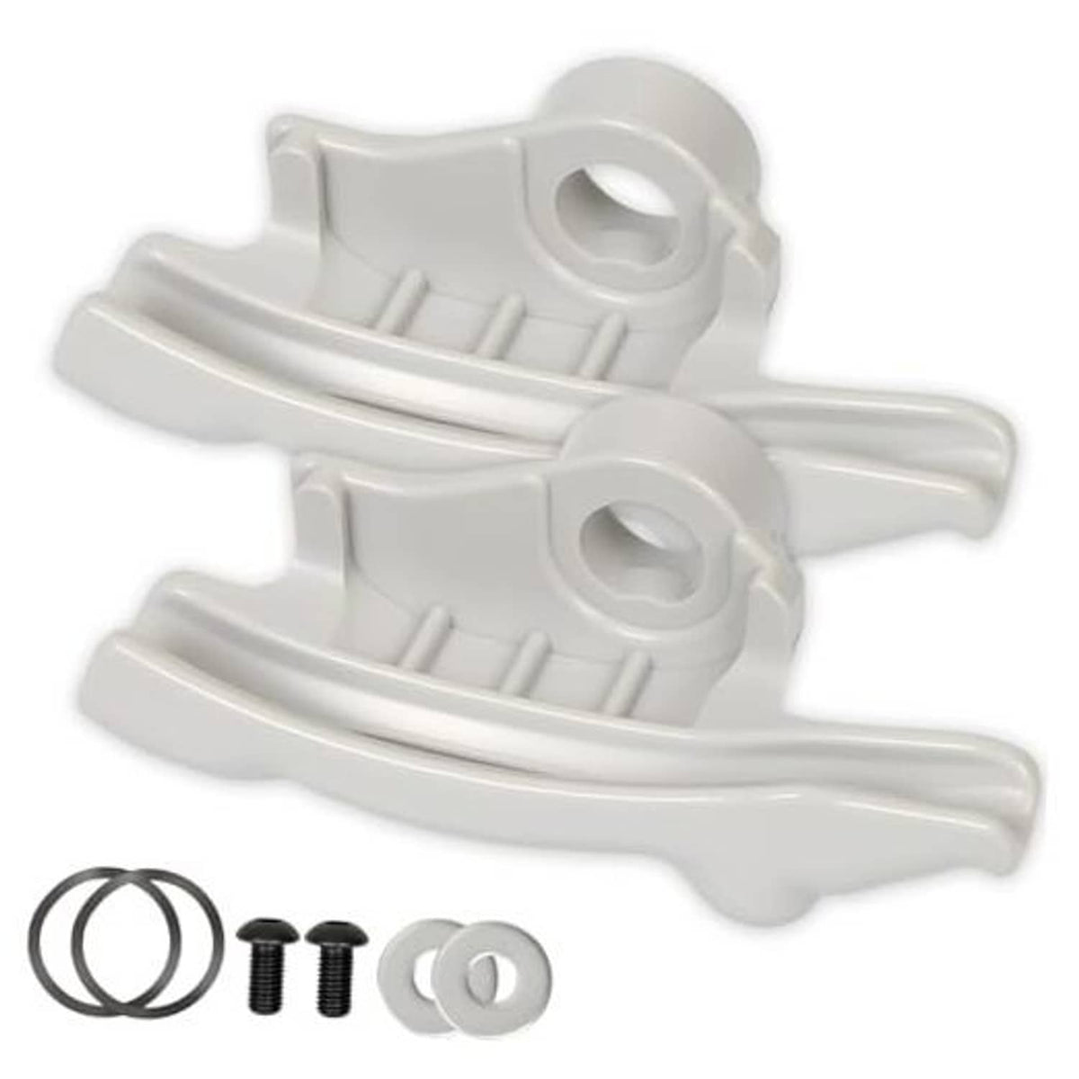 Low-profile nylon tire demount head kit, two white plastic heads with rings and screws