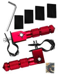 Red motorcycle folding rearset footpeg set with black U-shaped bracket and lever arm