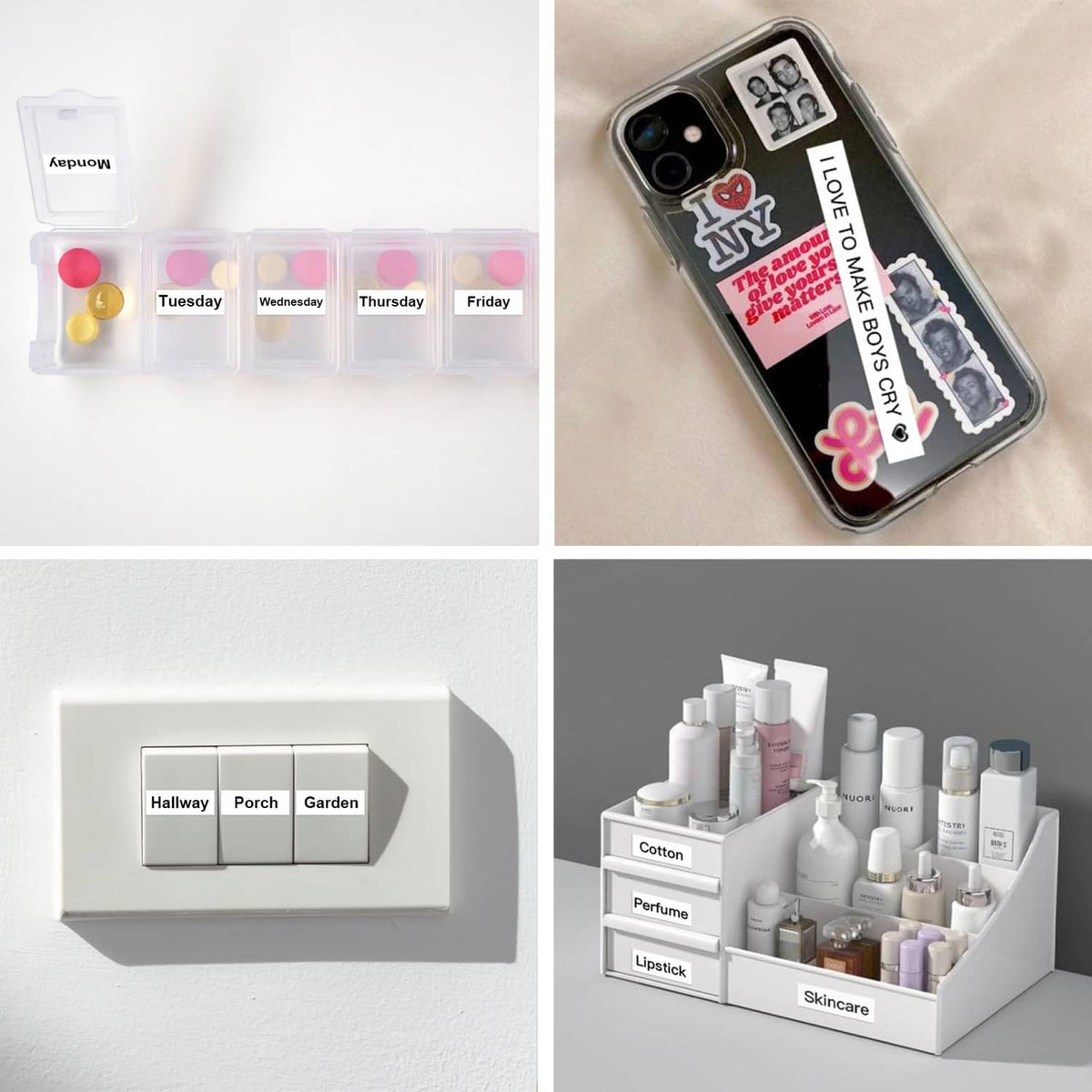 Label maker labels on organizer bins and beauty bottles for neat storage