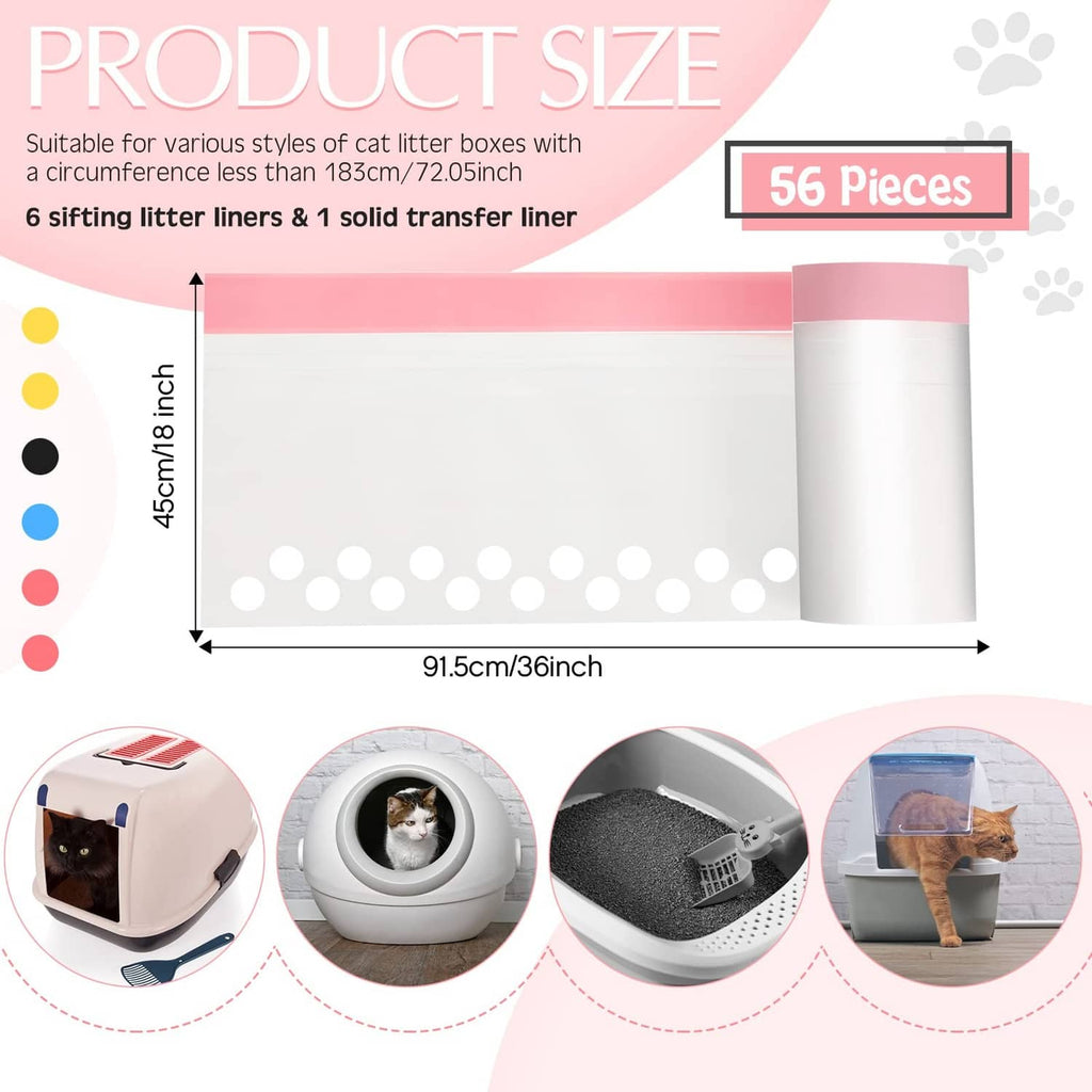Set of white cat litter sifting liner bags shown with sizing diagram and roll stack