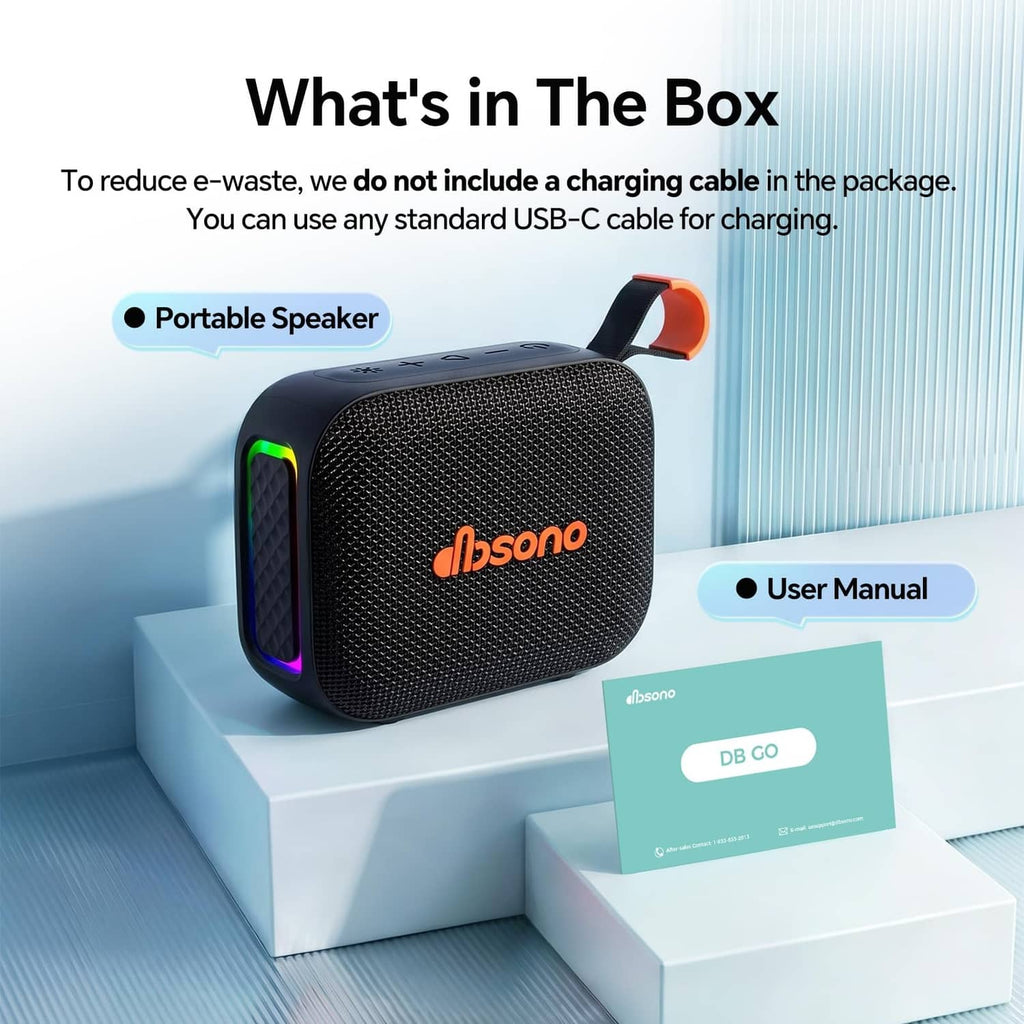 Portable Bluetooth speaker package contents: speaker and user manual, black and orange