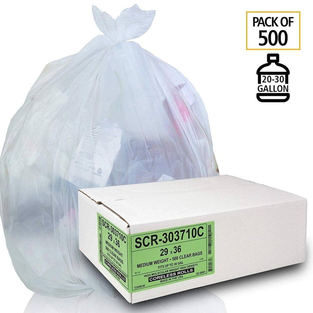 Pack of 500 clear trash bags, 20–30 gallon, medium weight, in box