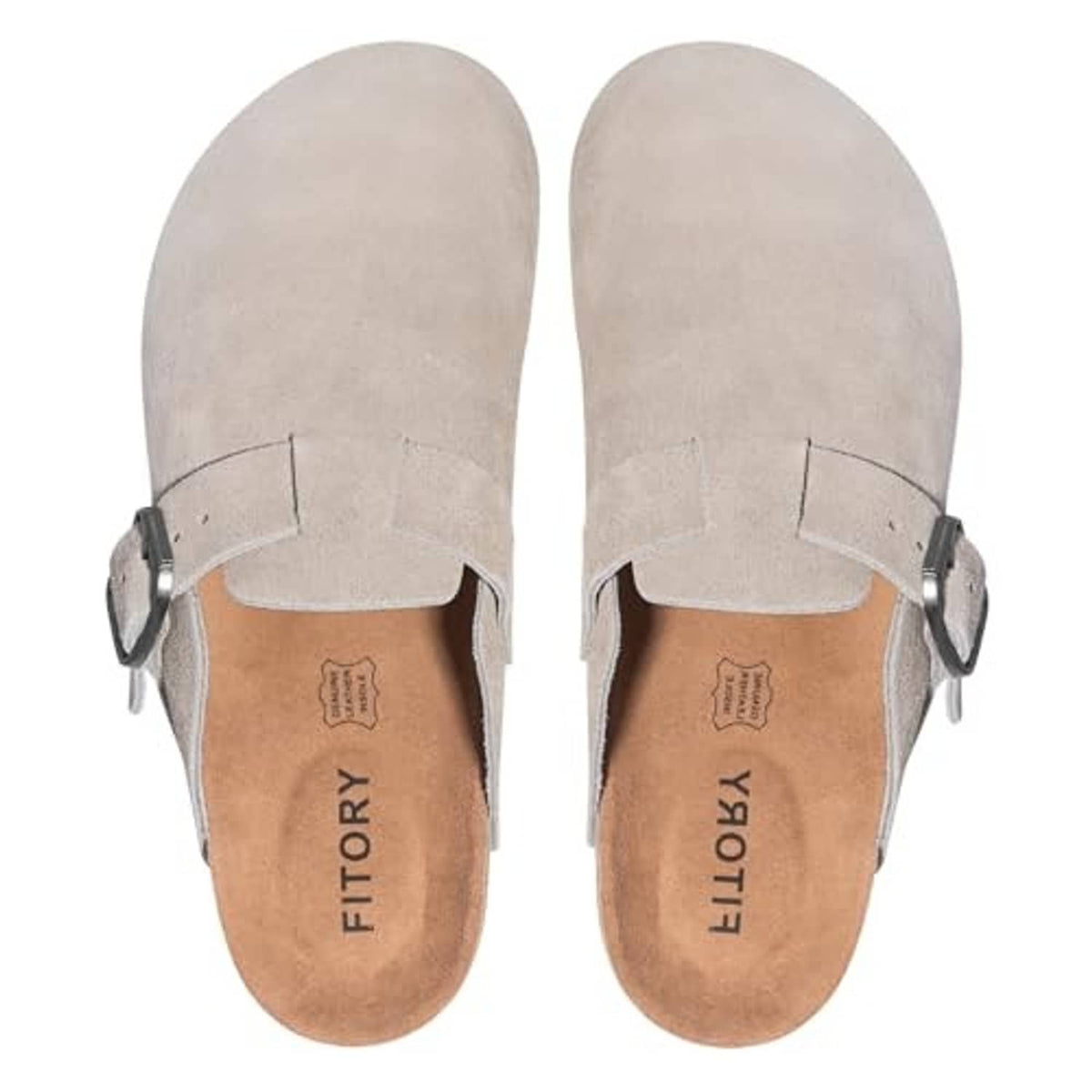 Pair of taupe suede mule clogs with metal buckles and tan insoles