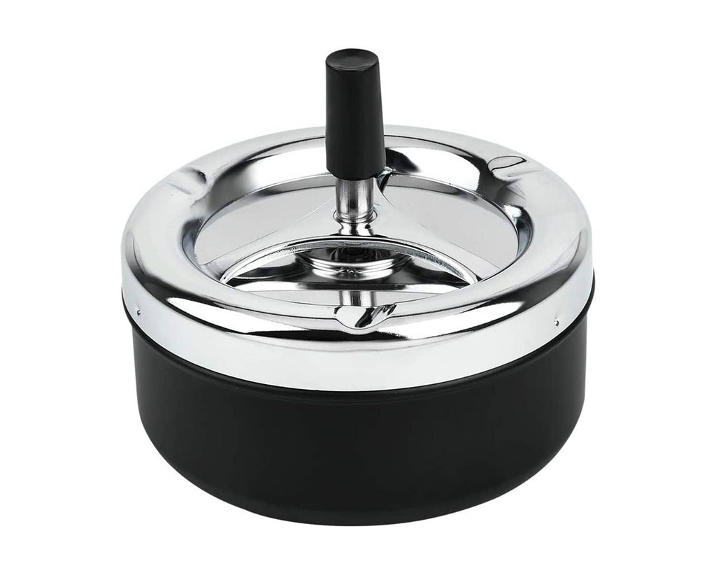 Round black metal ashtray with spinning tray and upright cigarette holder