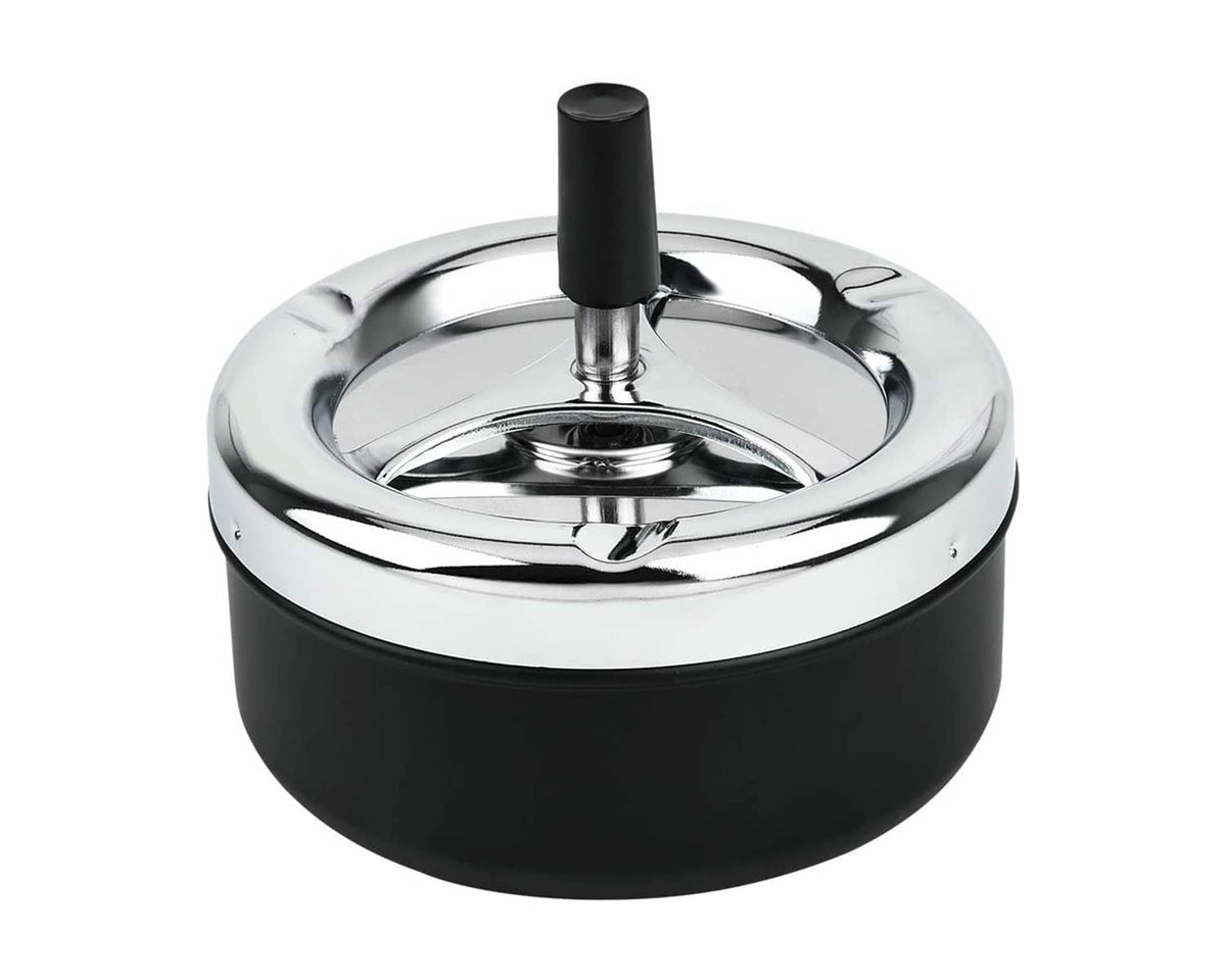 Round black metal ashtray with spinning tray and upright cigarette holder