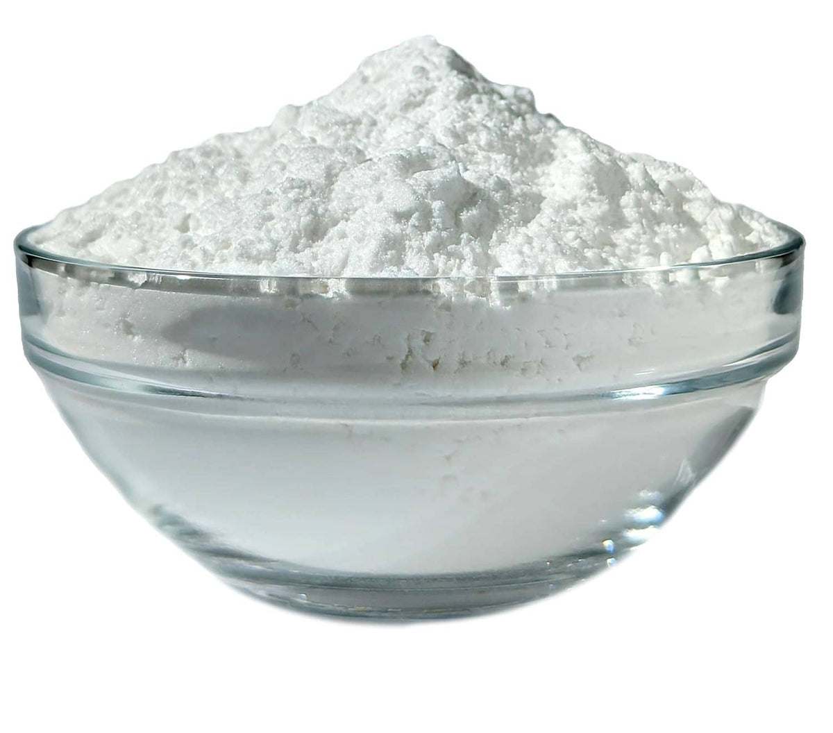 Glass bowl filled with white potato starch powder.