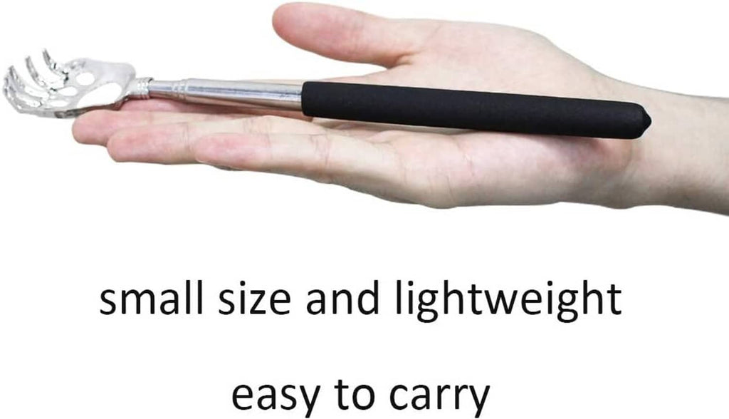 Small lightweight telescoping back scratcher with silver paw head and black grip