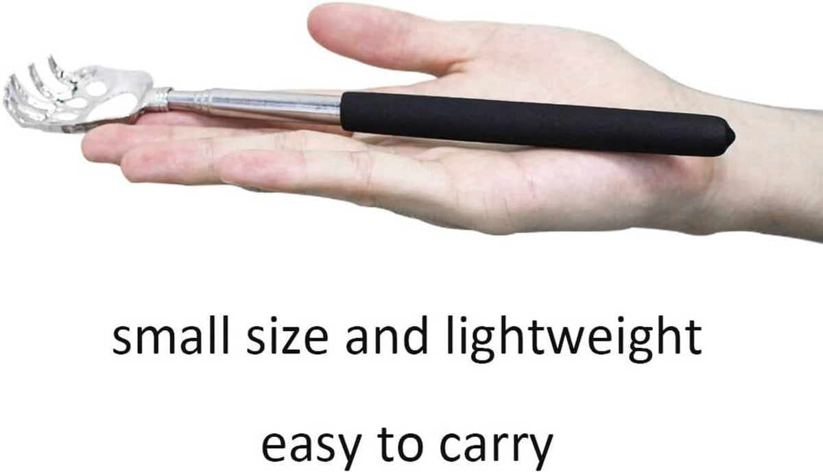 Small lightweight telescoping back scratcher with silver paw head and black grip