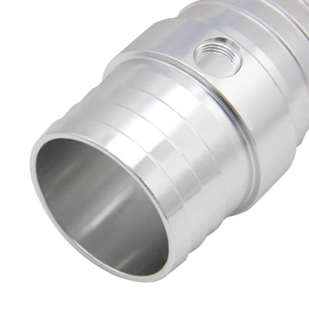 Radiator hose barb adapter inlet opening with NPT port on the collar, silver metal.