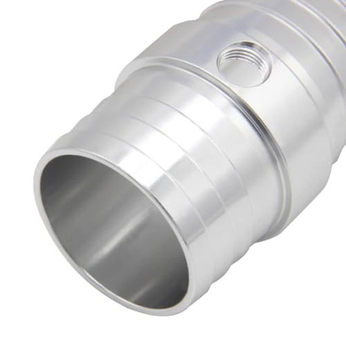 Radiator hose barb adapter inlet opening with NPT port on the collar, silver metal.