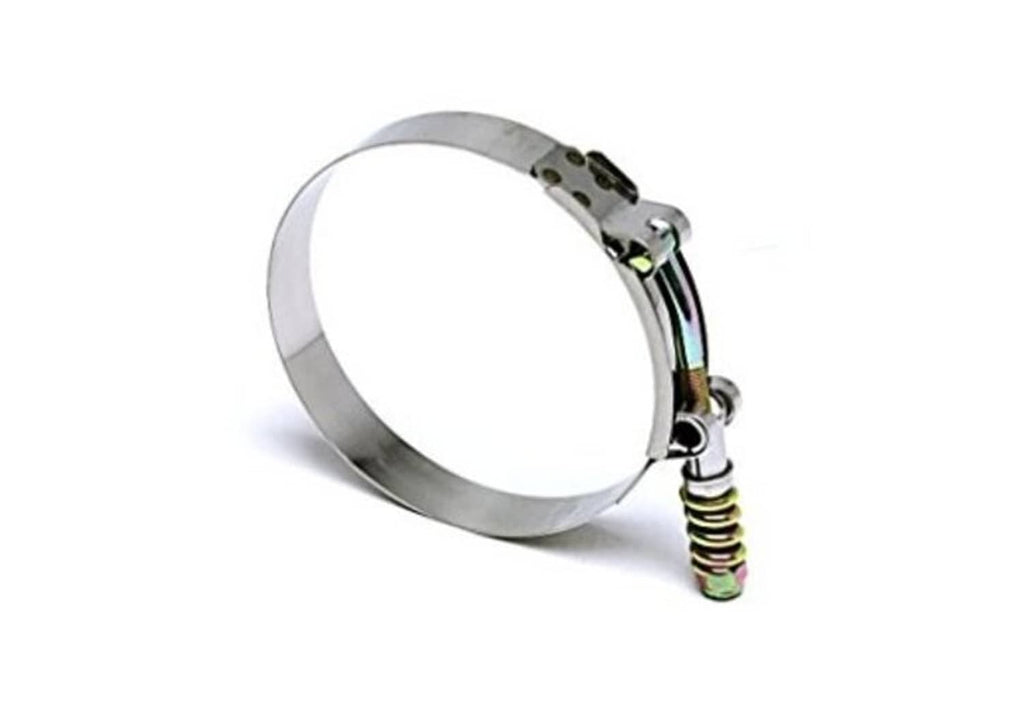 Stainless steel spring-loaded T-bolt clamp with slotted band and screw