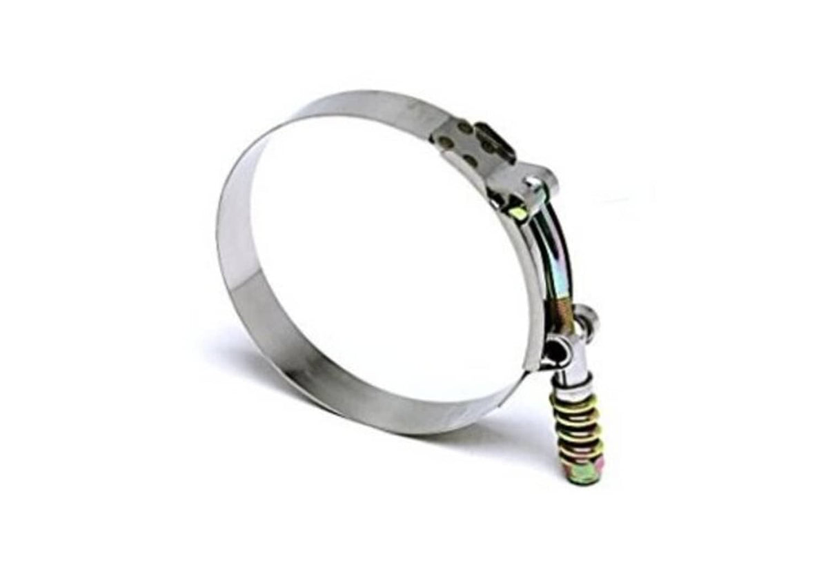 Stainless steel spring-loaded T-bolt clamp with slotted band and screw