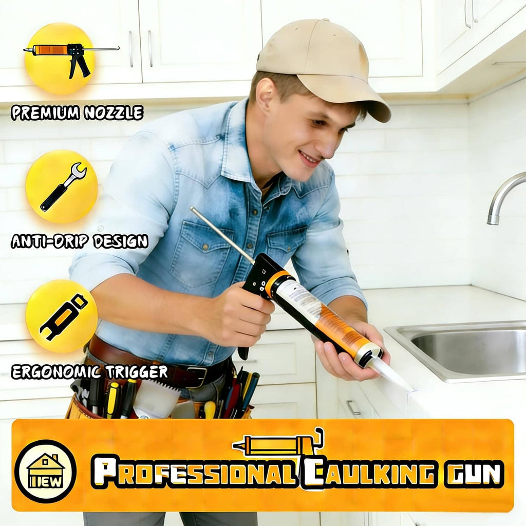 Caulk gun kit with ergonomic trigger and precision nozzle for applying sealant