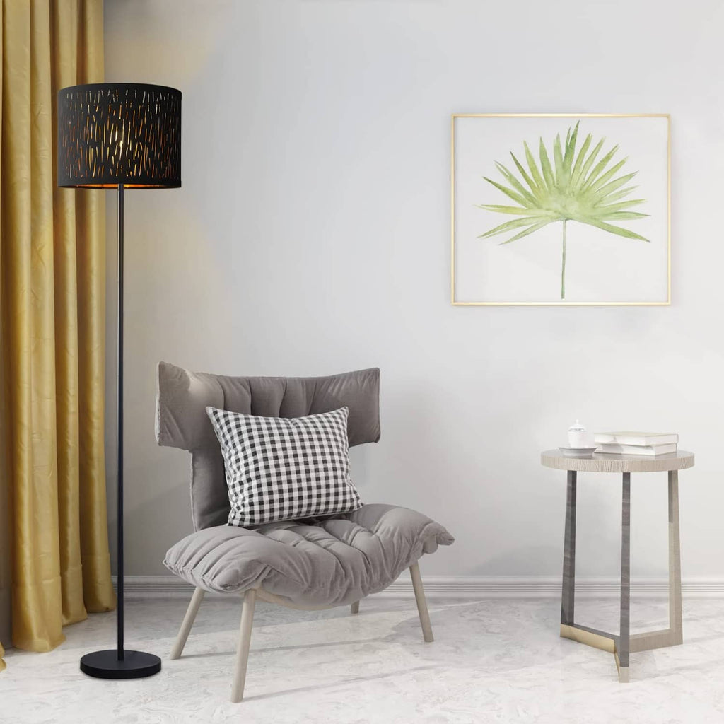 Black drum lampshade with gold streak pattern and open top