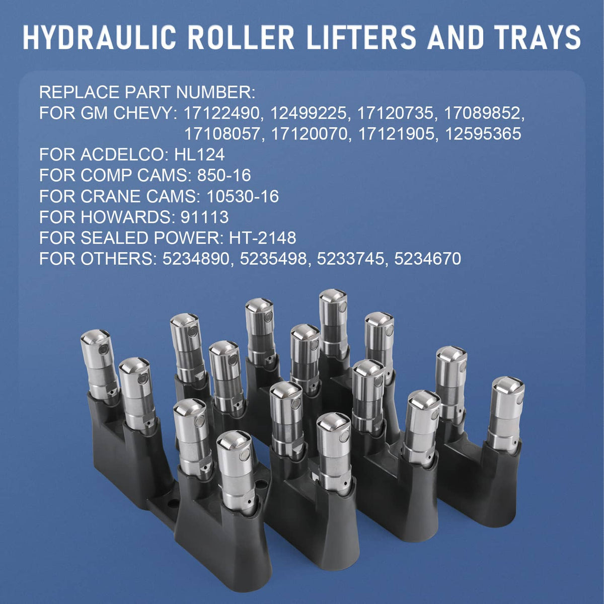 Hydraulic roller lifters and black trays bundle shown in grouped arrangement