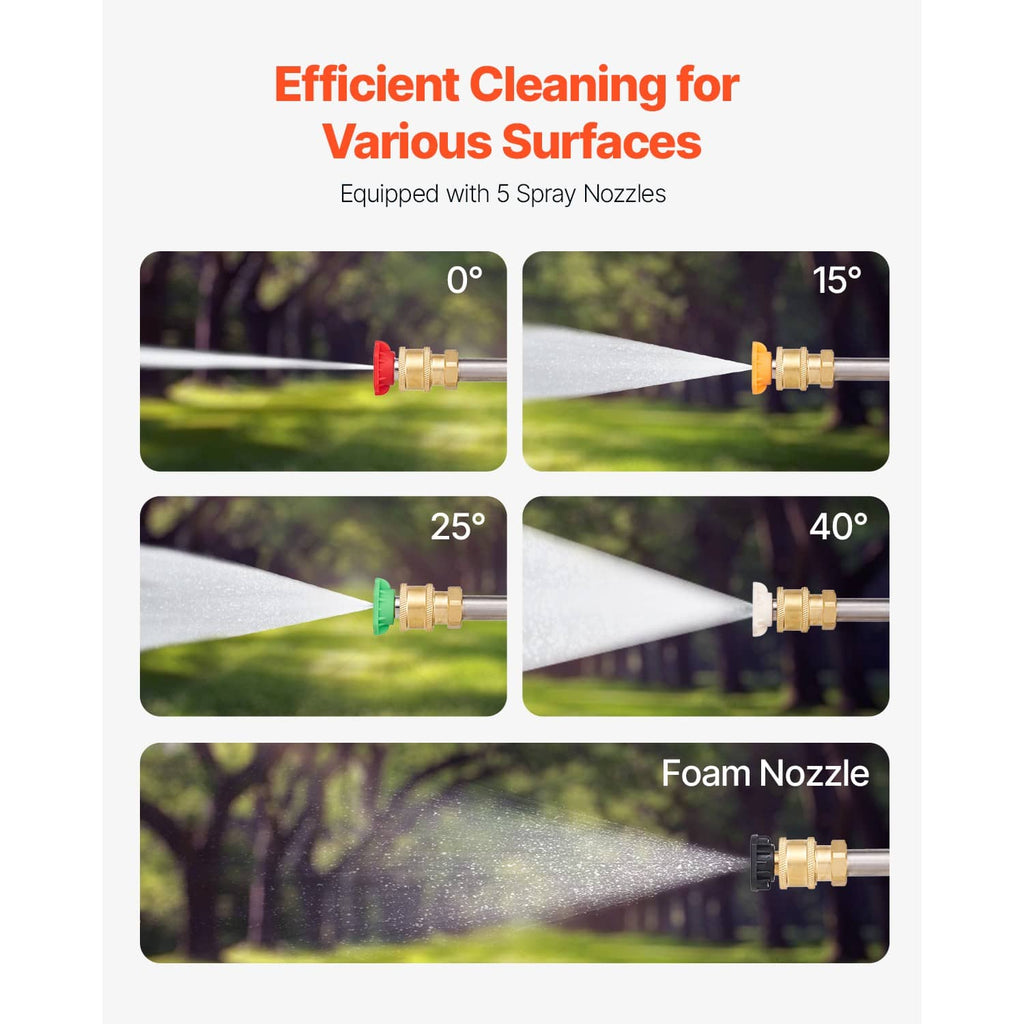Pressure washer nozzle set with 5 spray tips and foam nozzle attachment