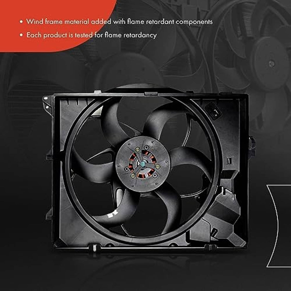 Black radiator cooling fan with shroud and circular motor hub