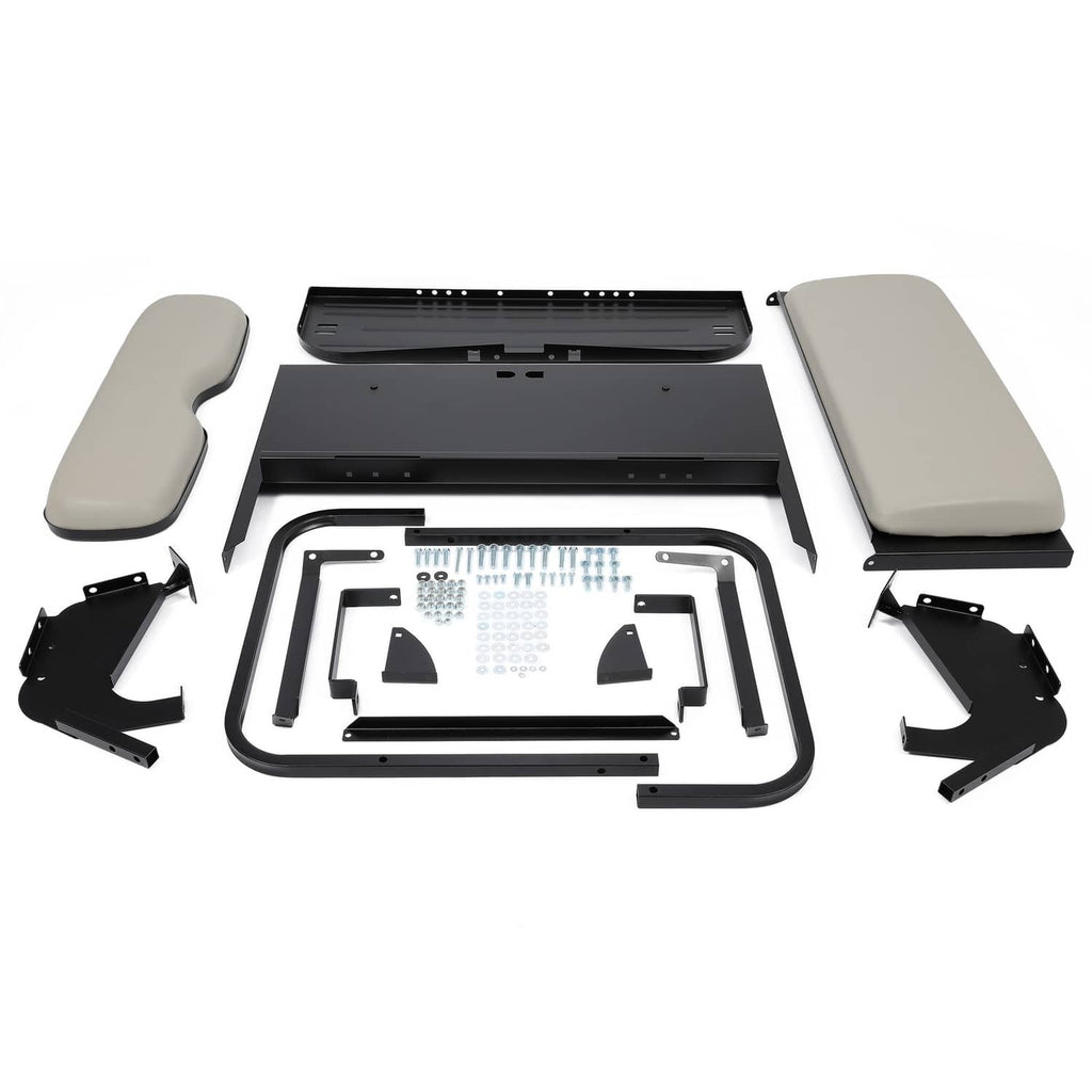 Rear flip seat kit components including gray pads, black deck, and screws