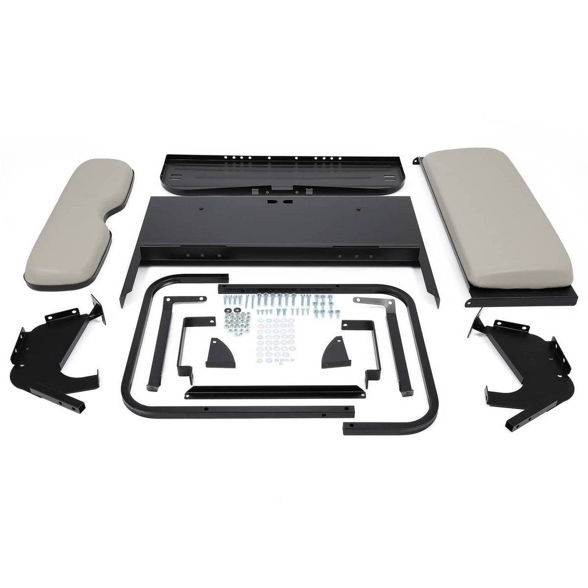 Rear flip seat kit components including gray pads, black deck, and screws