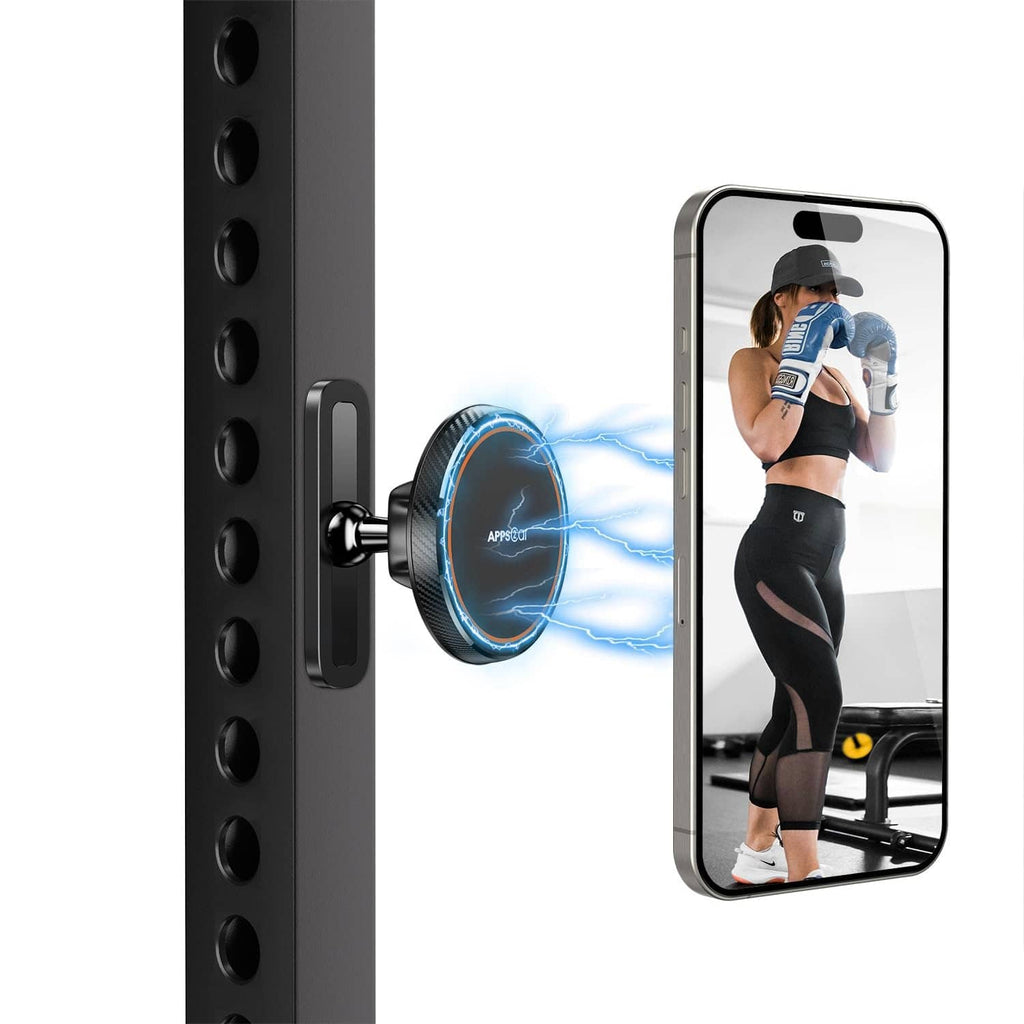 Black magnetic phone holder with phone mounted on perforated metal bar