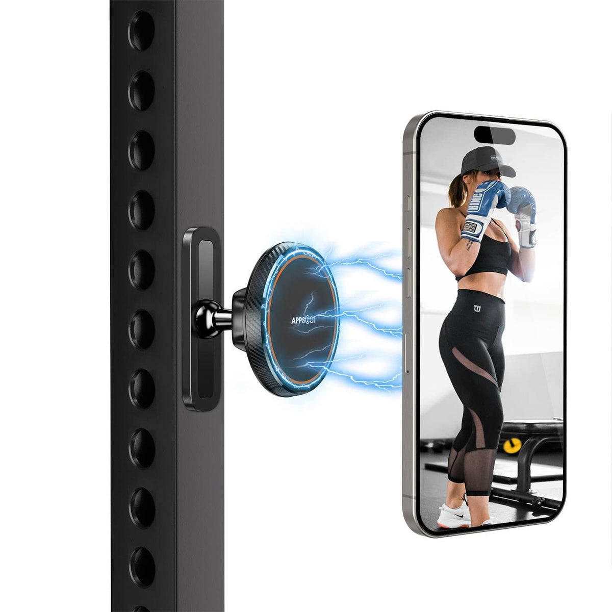 Black magnetic phone holder with phone mounted on perforated metal bar