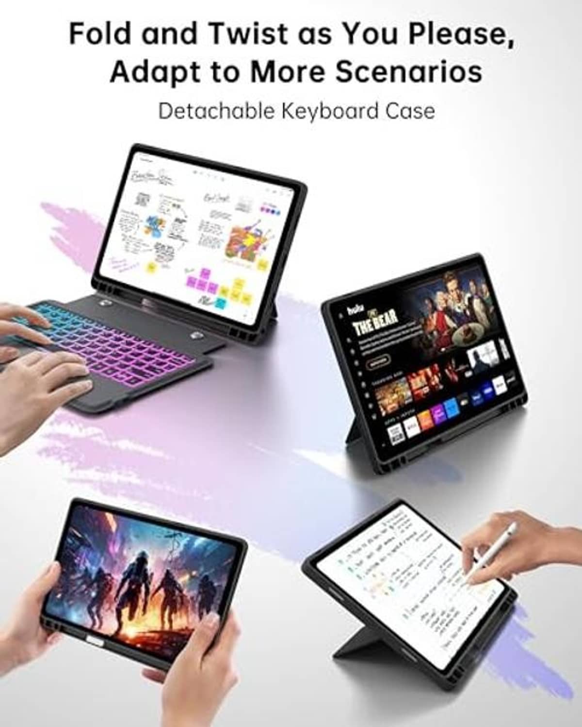 Detachable tablet keyboard case with rainbow backlit keyboard, tablet supported