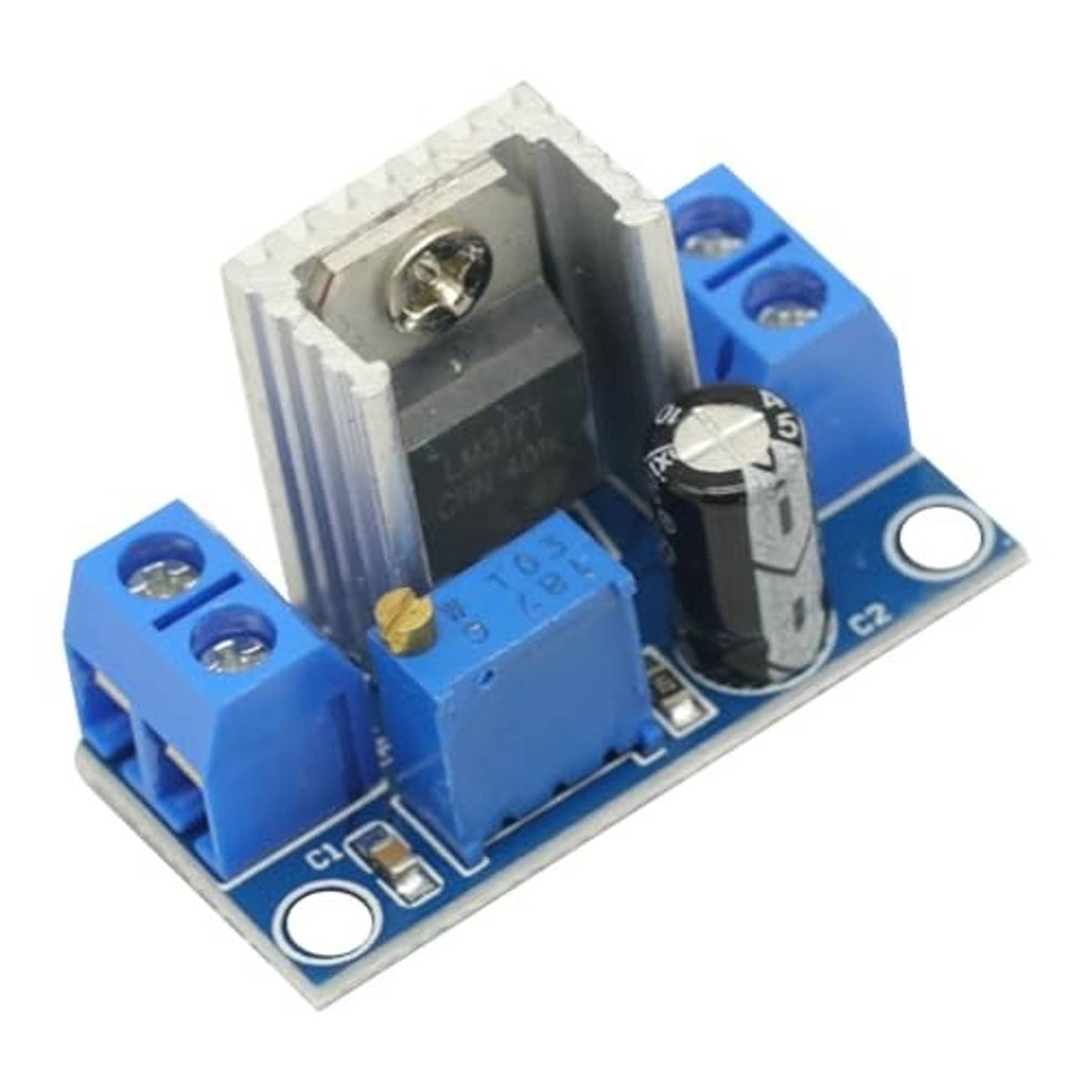 LM317 adjustable voltage regulator power module PCB, blue board with IC and terminals