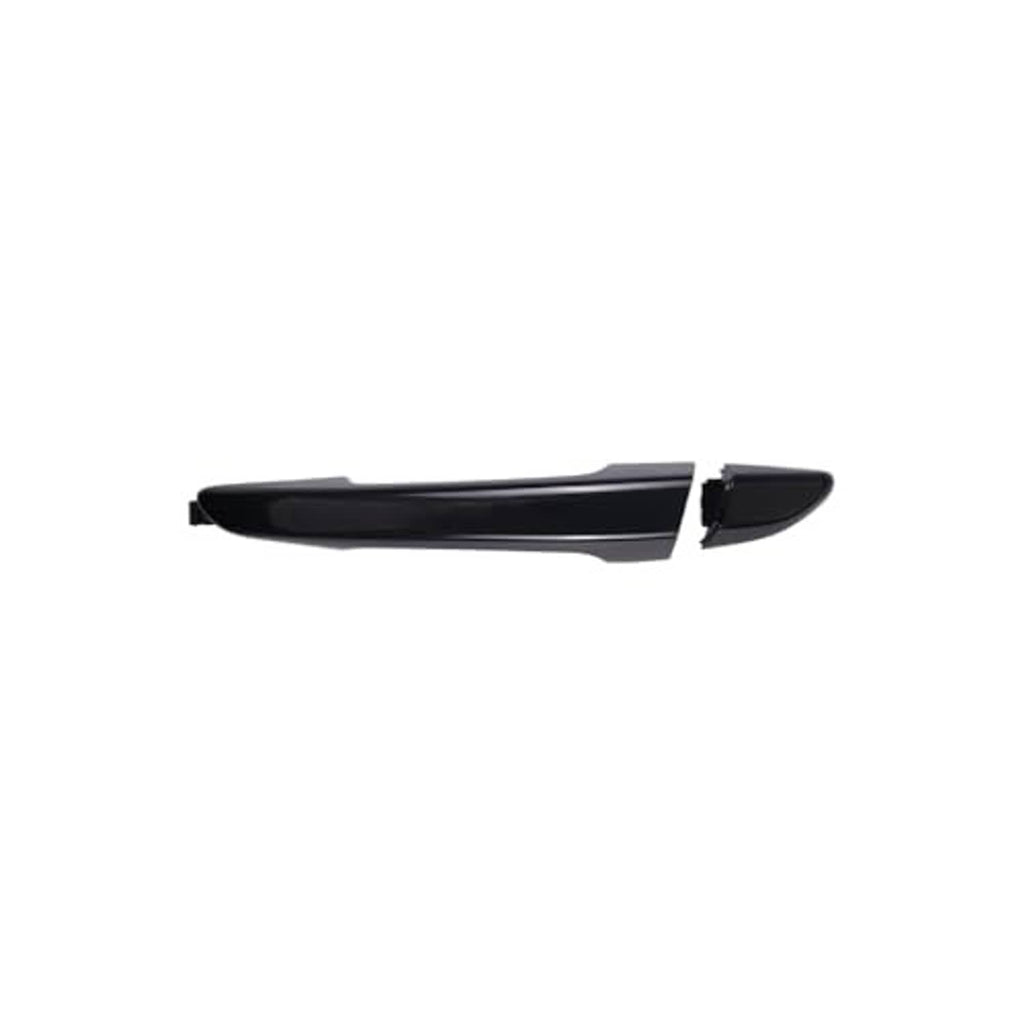 Black exterior door handle with attached mounting base and trim piece