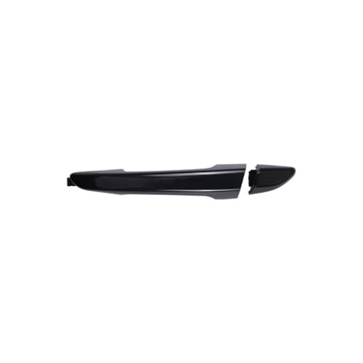 Black exterior door handle with attached mounting base and trim piece