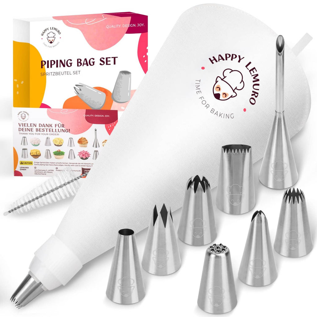 Reusable piping bag with white sleeve and stainless-steel piping tips set