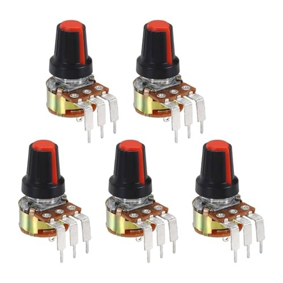 Five-pack rotary potentiometers, red and black top caps, with 3-pin connectors
