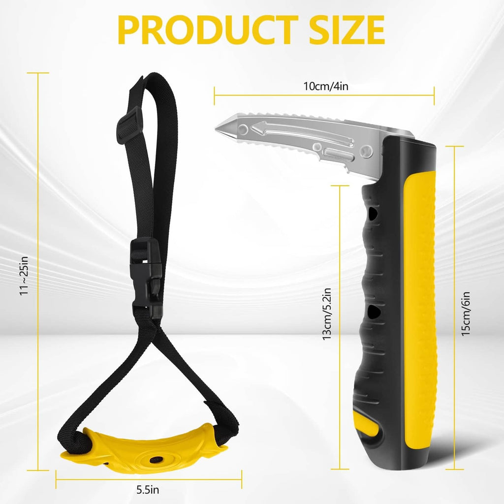 Car door assist handle with yellow-and-black grip and black strap with product size