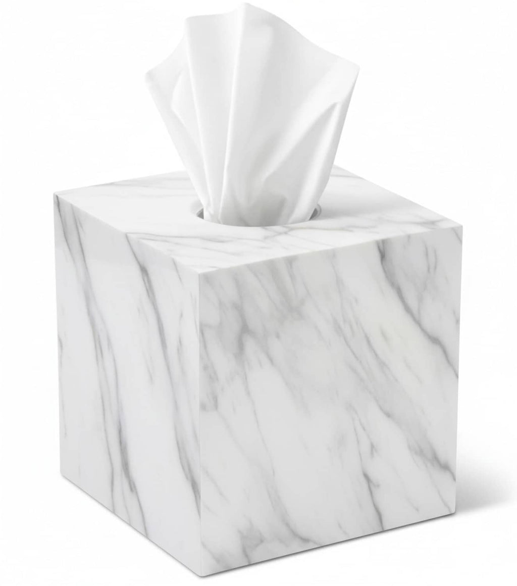 Square marble-pattern tissue box cover with a white tissue holder opening