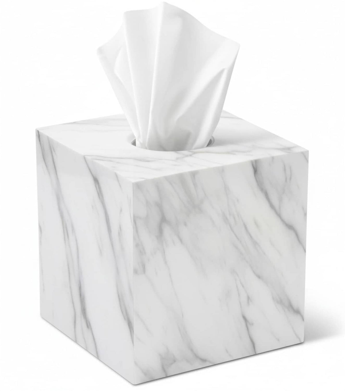 Square marble-pattern tissue box cover with a white tissue holder opening