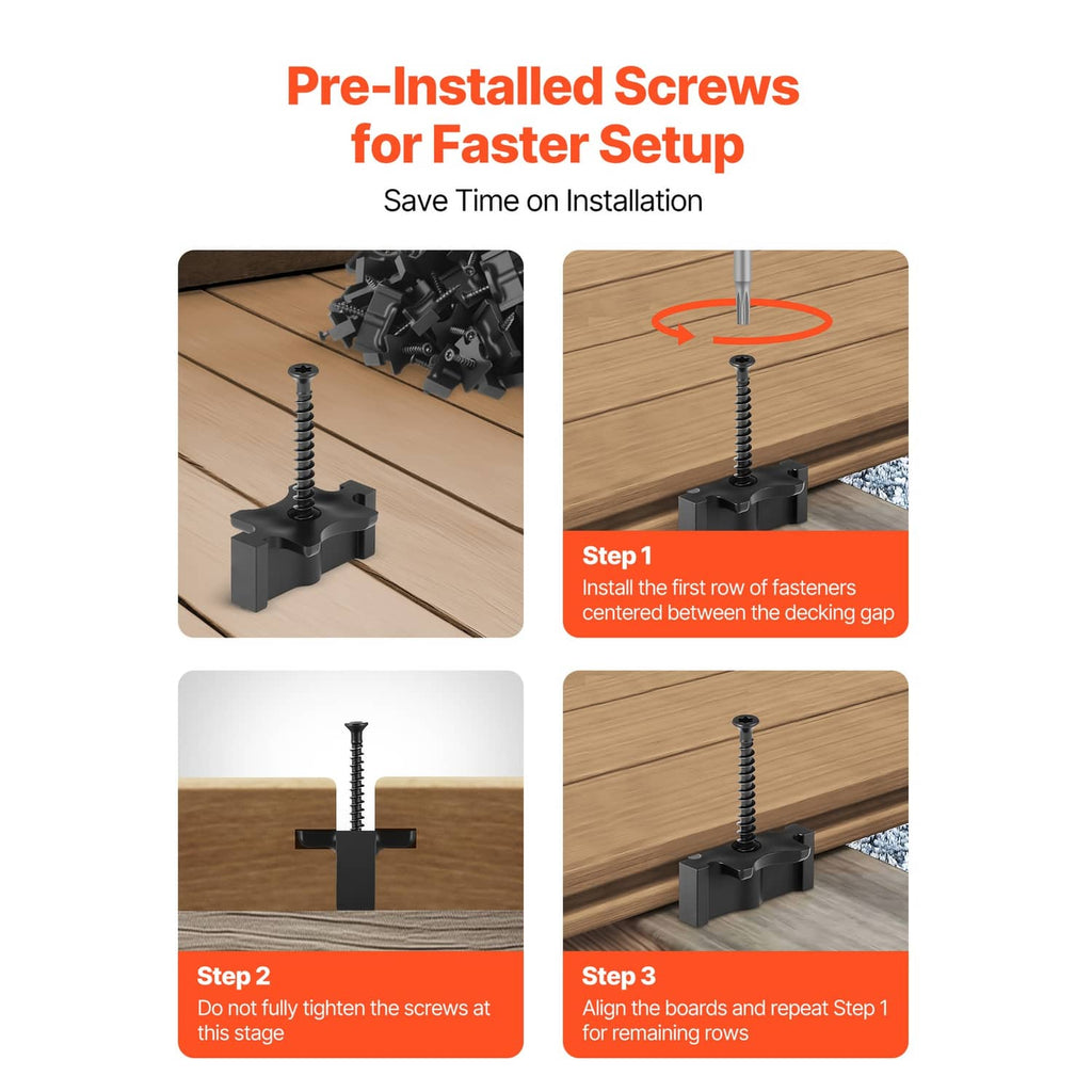 Black hidden deck fasteners with pre-installed screws for quicker setup