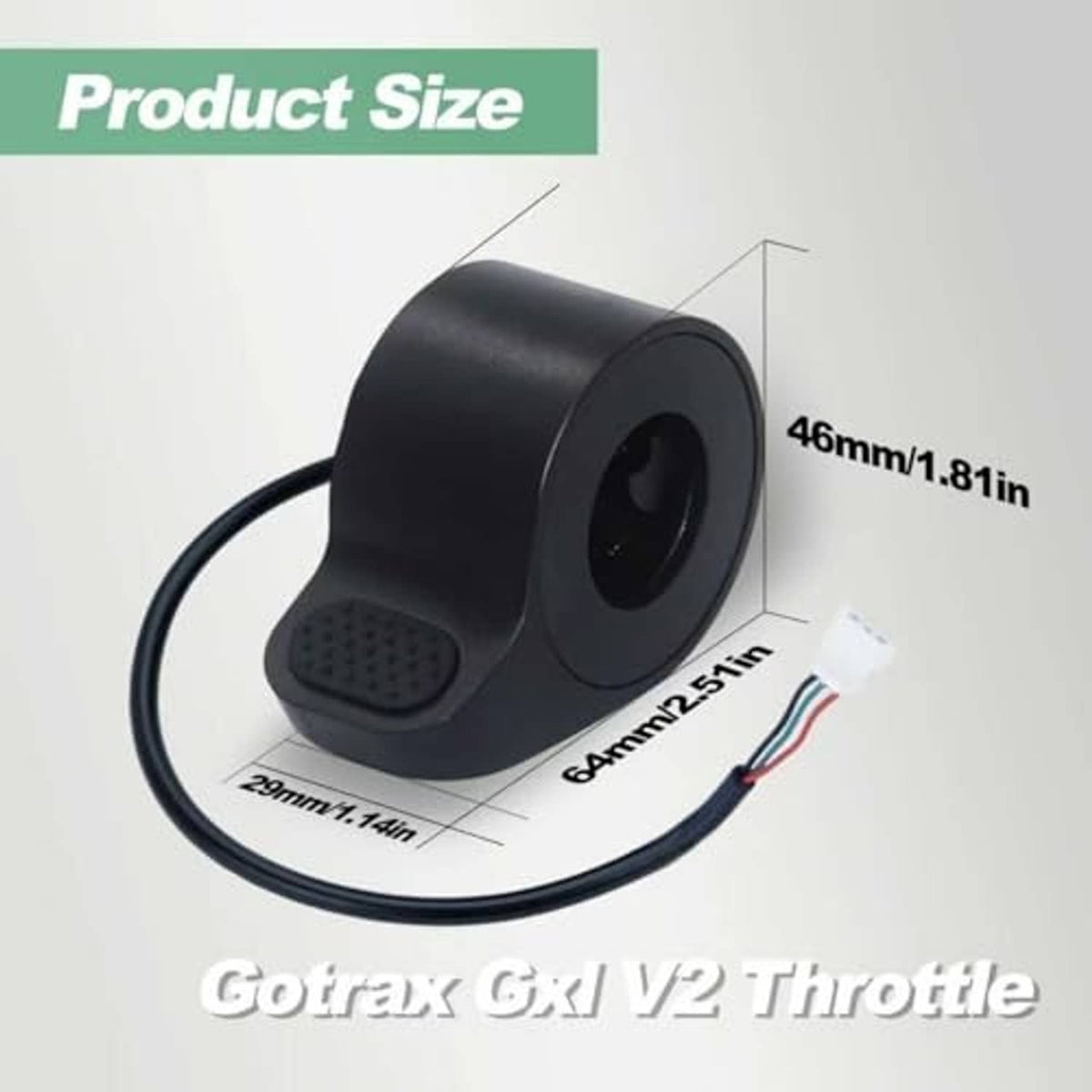 Black thumb throttle replacement with textured pad and white plug end on wire cable
