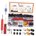 Valve core tool kit with red handle, blue stem tool, and valve caps (black, gold)