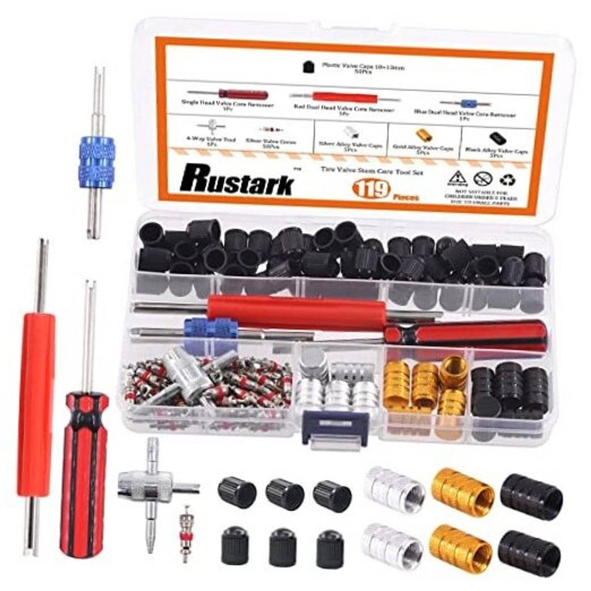Valve core tool kit with red handle, blue stem tool, and valve caps (black, gold)