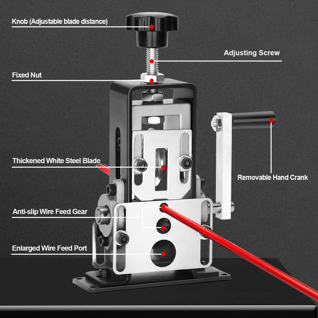 Manual wire stripping machine with adjustable blade knob, hand crank, and feed gear