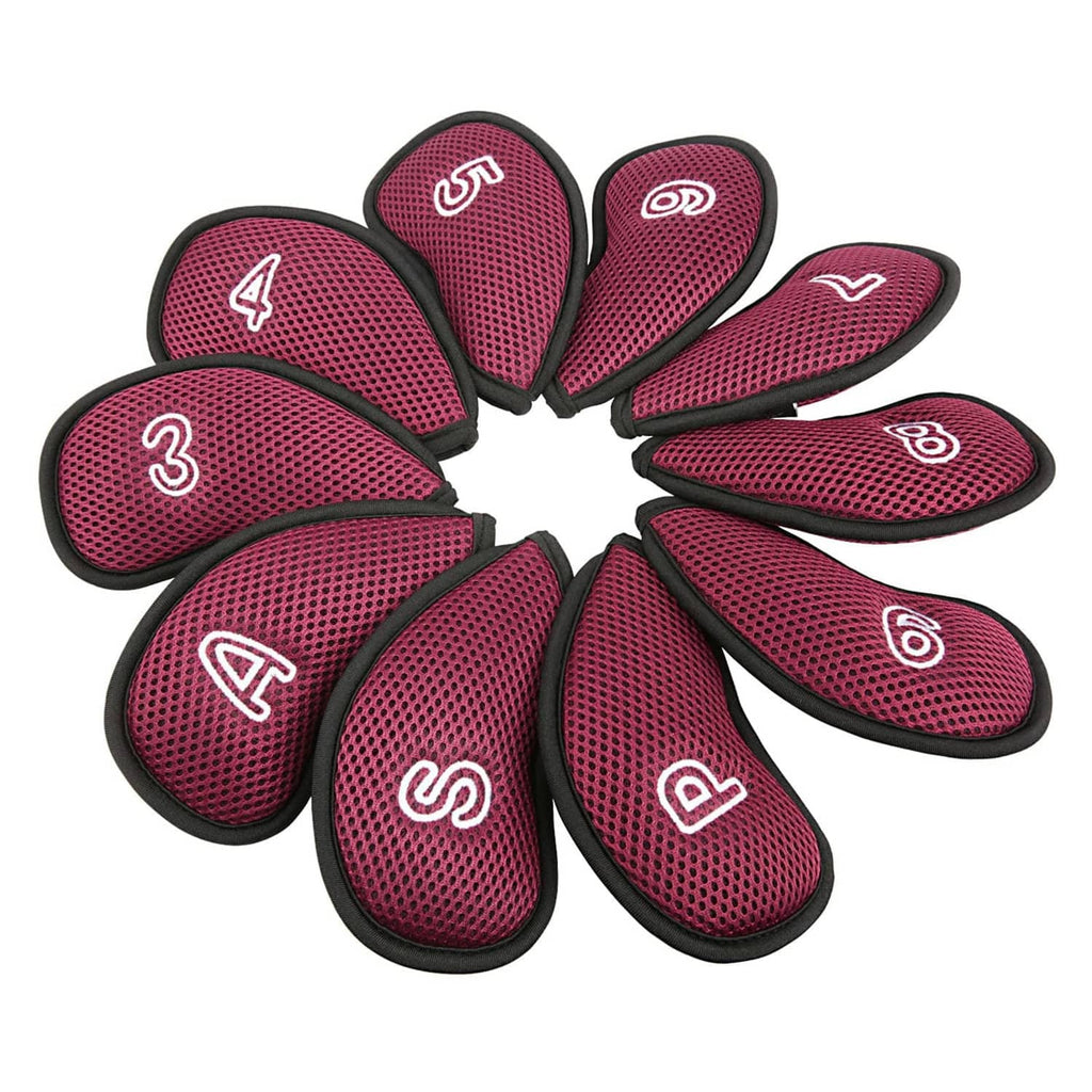 Wine red numbered golf iron head covers, 10-piece right-hand polyester mesh set