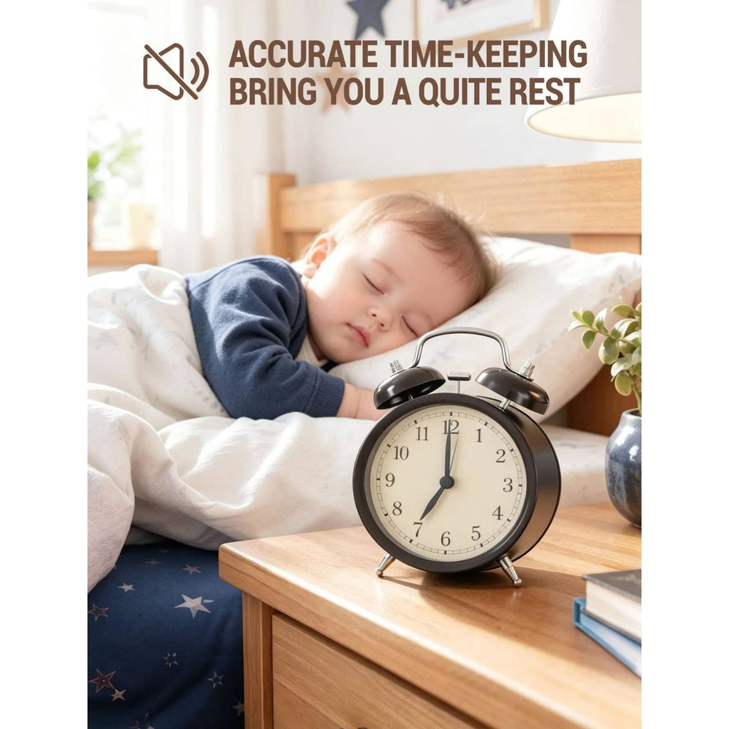 Quiet clock movement replacement shown with a twin-bell alarm clock on a nightstand