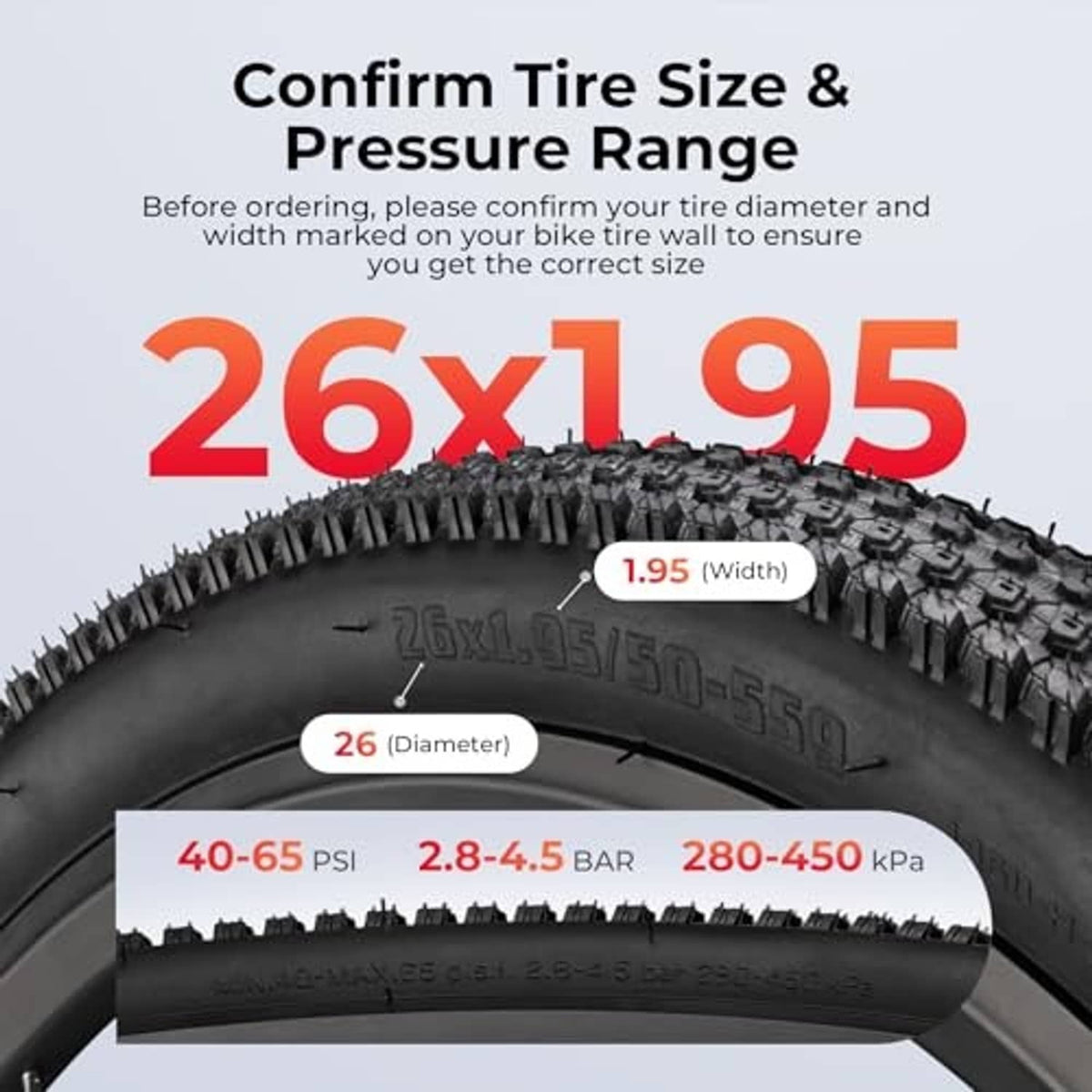 Black 26x1.95 bike tire sidewall with width and pressure range markings visible