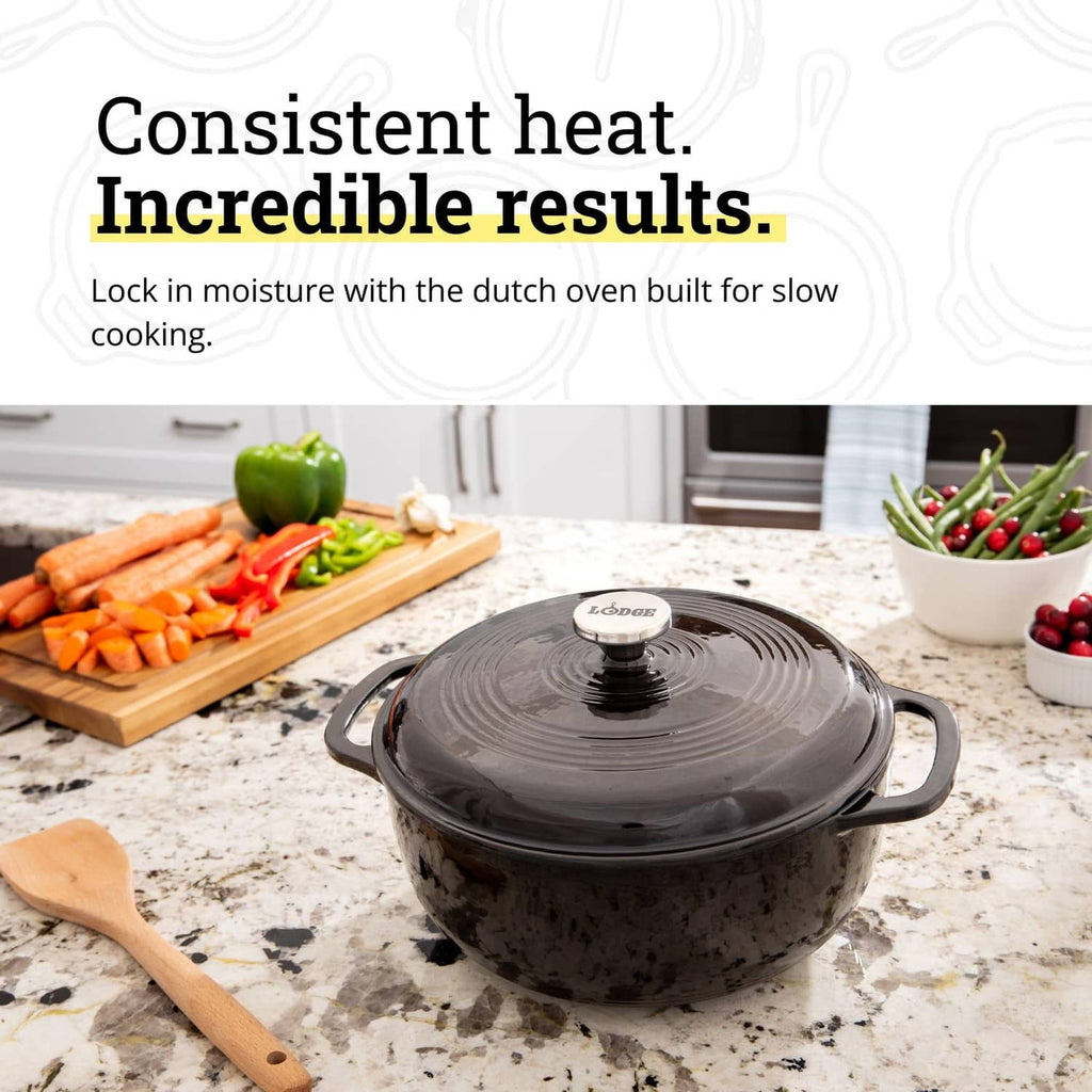 Dark enamel cast iron Dutch oven with fitted lid and loop side handles on countertop