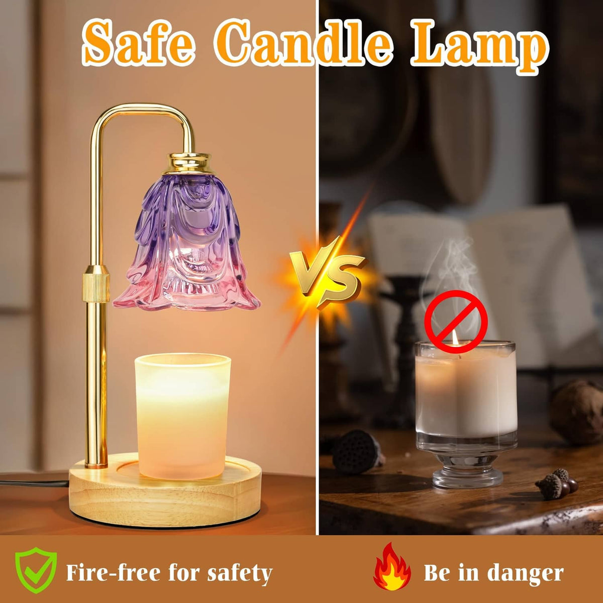 Lavender flower glass candle lamp with gold frame and glowing candle on wood platform