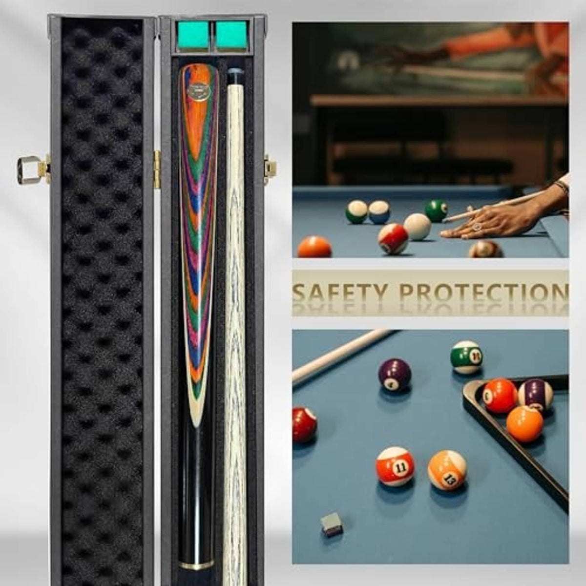 Pool cue with colorful patterned center, stored in open foam-lined case
