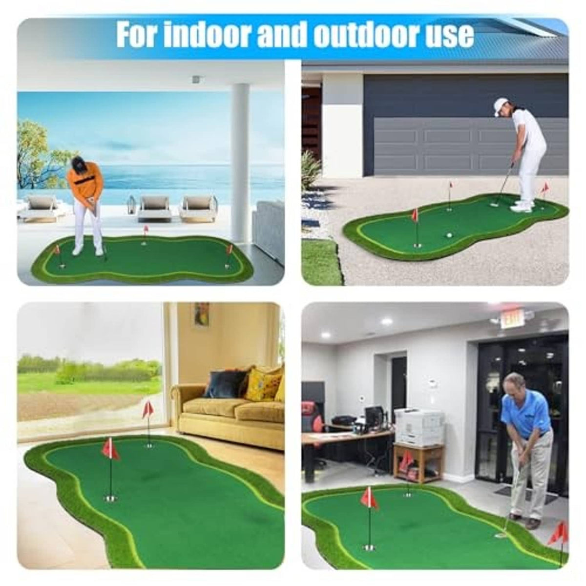 Golf putting green mat with green turf and four red-flag hole cups for practice