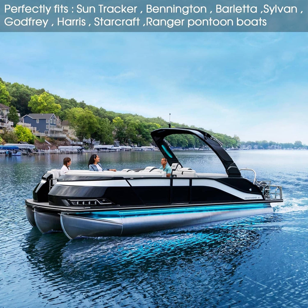 White boat bumpers on a pontoon boat for docking protection along the sides