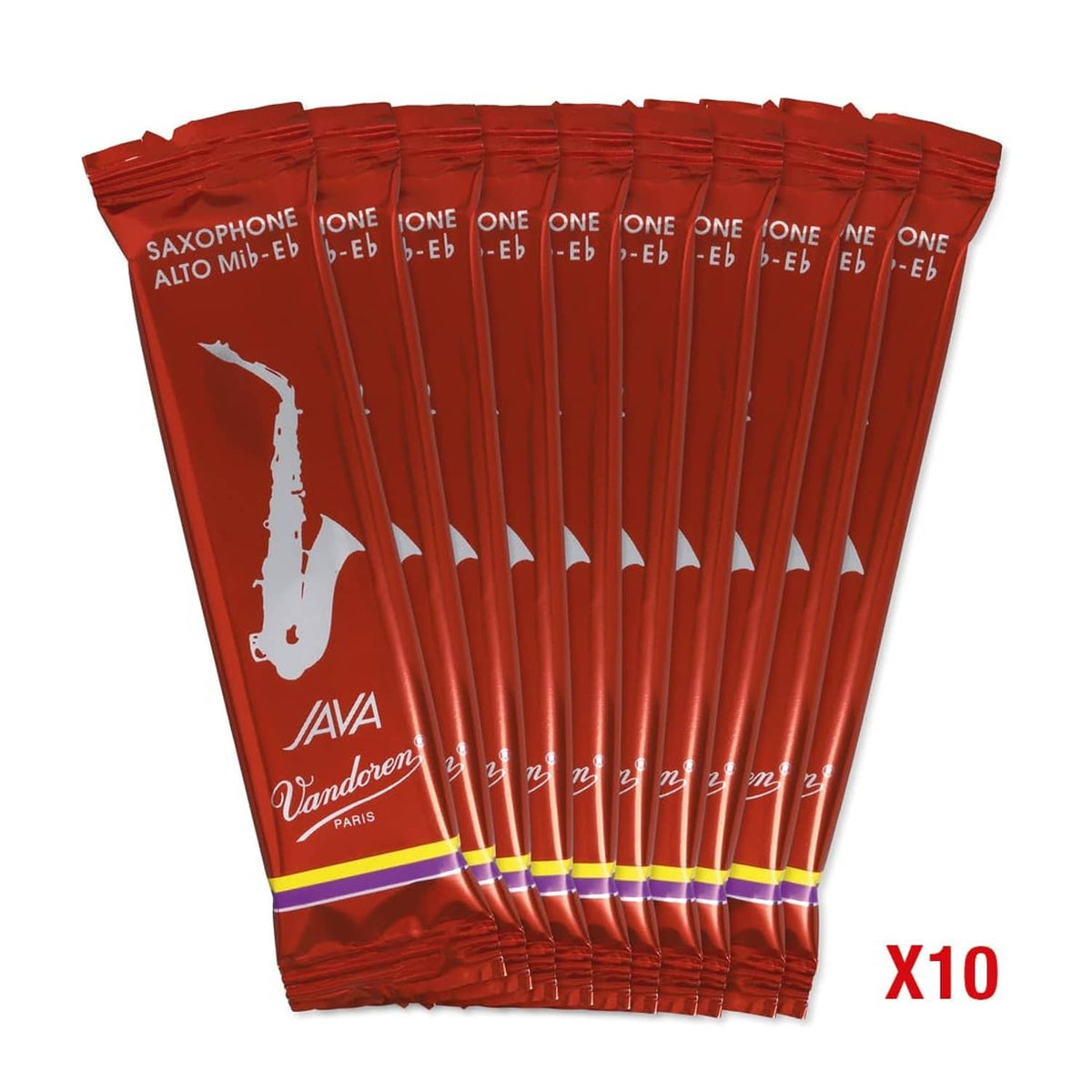 Pack of 10 Vandoren Java red cut alto sax reeds, 2½ strength, in sealed sleeves